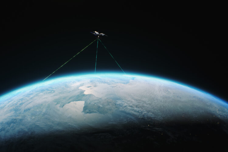 3D abstract render of satellite transmitting data or signal by laser to Earth planet. Transfer 5G web communications, global network connection. Concept of modern innovative space technologies.